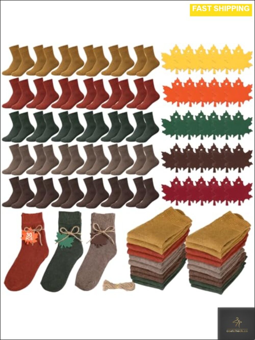 Chicingyou 30 Sets Fall Crew Socks Maple Leaf Tags Cotton Socks